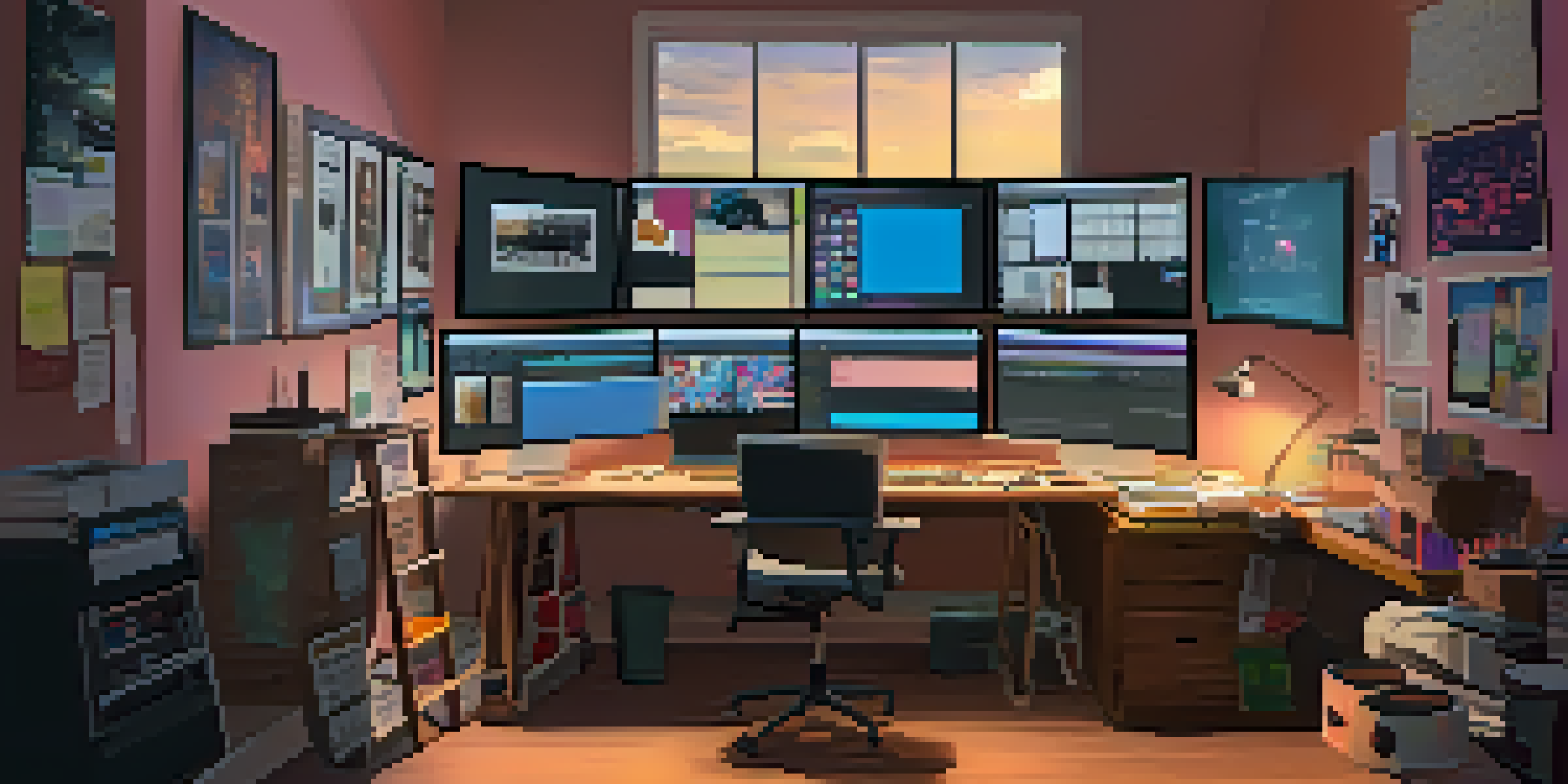 A film editing workspace with multiple computer screens, colorful sticky notes, and a coffee cup on the desk.