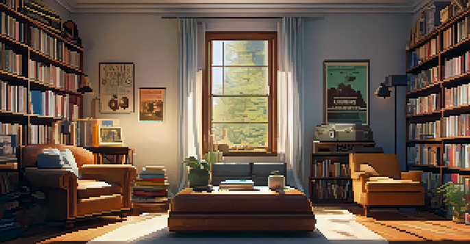A cozy room filled with film books, a vintage projector, and movie posters, illuminated by soft sunlight.