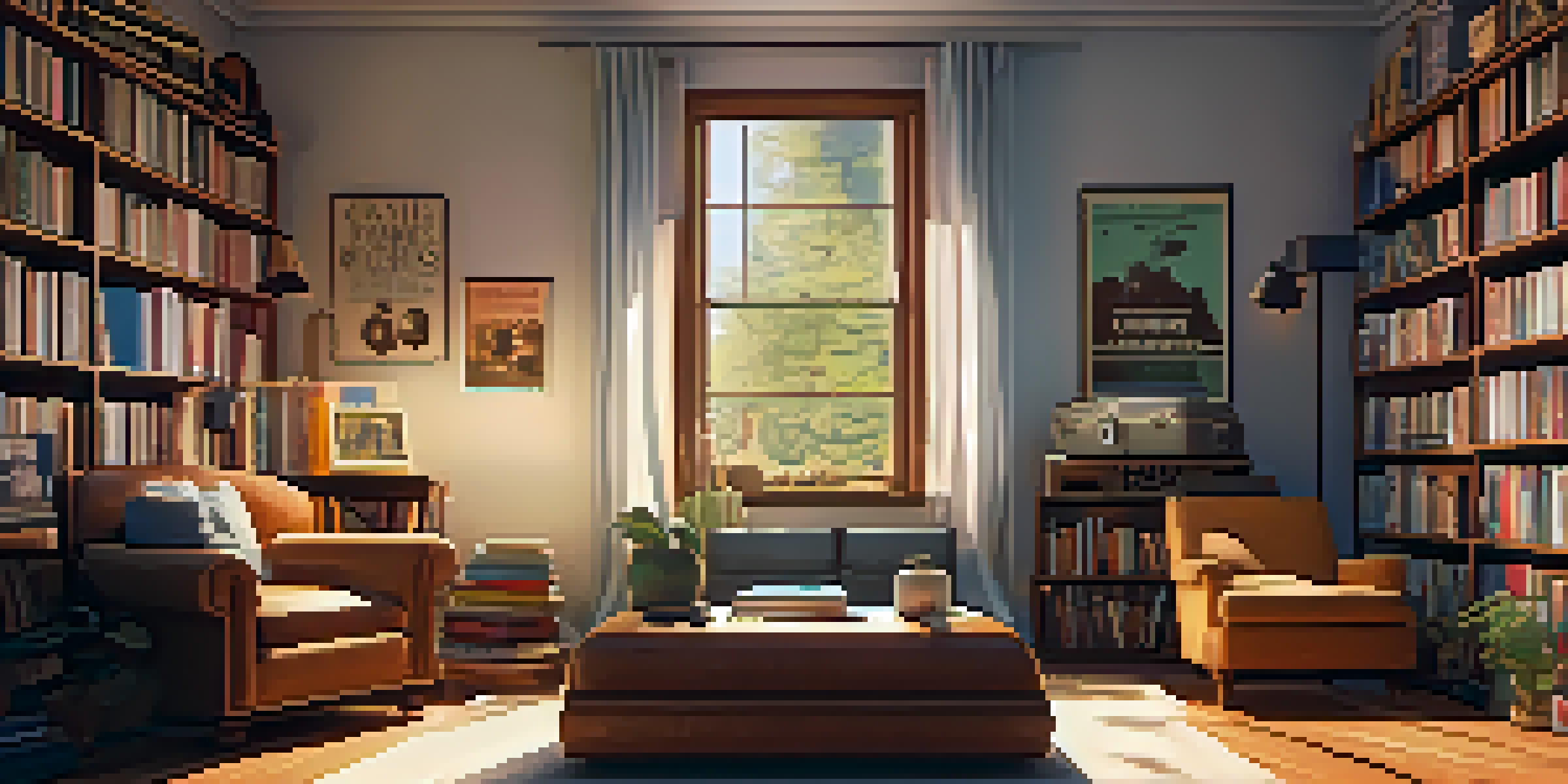 A cozy room filled with film books, a vintage projector, and movie posters, illuminated by soft sunlight.