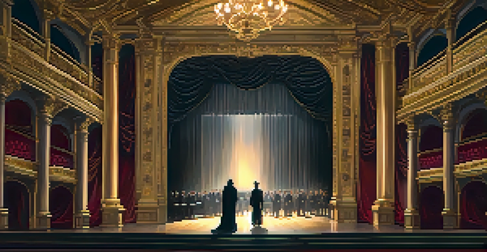 A mysterious figure in a dark cloak stands at the edge of a grand opera stage, surrounded by swirling musical notes and illuminated by soft golden lights.