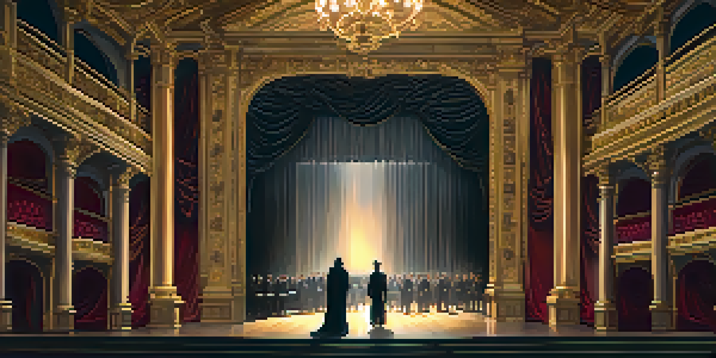A mysterious figure in a dark cloak stands at the edge of a grand opera stage, surrounded by swirling musical notes and illuminated by soft golden lights.