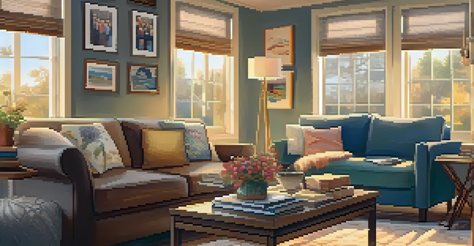 A warm and inviting living room with soft lighting, a sofa, coffee table with books and flowers, and family photos on the walls.