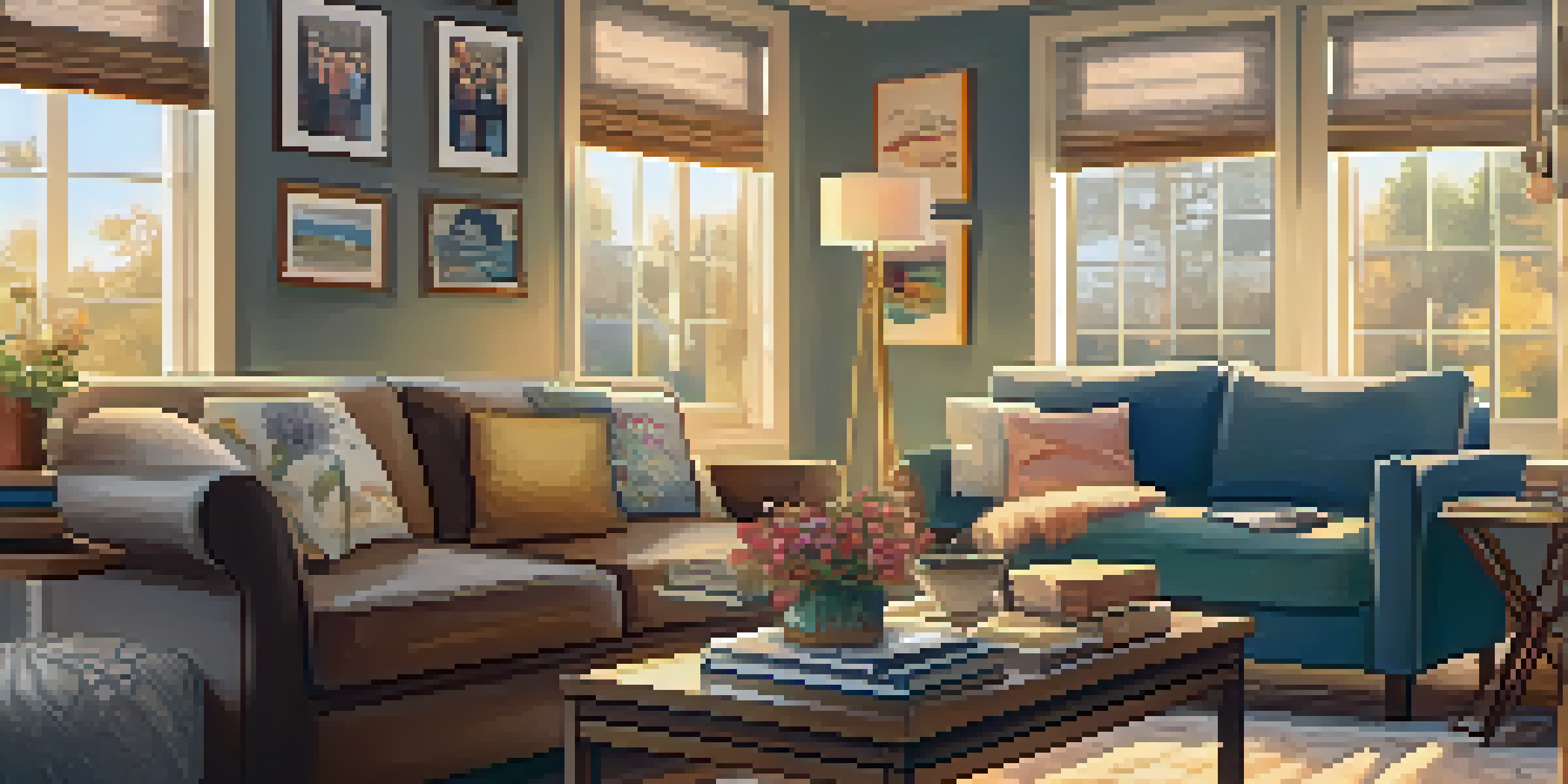 A warm and inviting living room with soft lighting, a sofa, coffee table with books and flowers, and family photos on the walls.