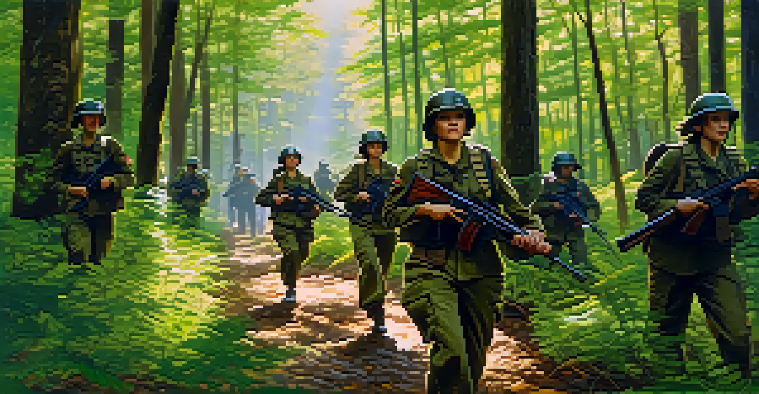 A female soldier leading a group through a forest, sunlight filtering through trees, depicting teamwork and determination.