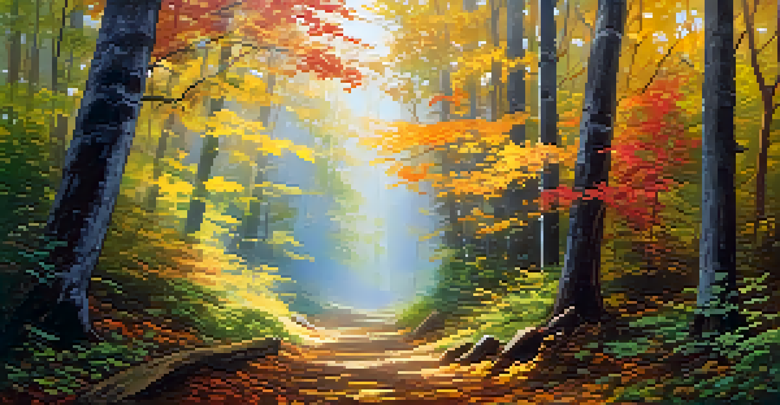 An autumn forest scene with golden leaves, sunlight filtering through trees, and a winding path inviting exploration.
