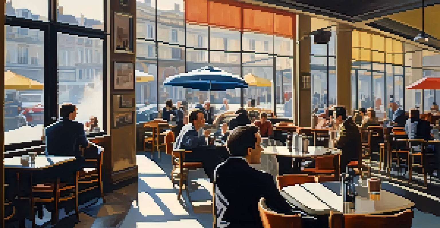 An artistic film set inspired by the French New Wave, showing a director with a handheld camera in a café filled with natural light.