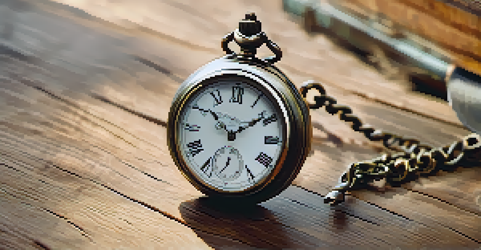 An antique pocket watch on a weathered wooden table, emphasizing its intricate design and the passage of time with soft natural light casting shadows.
