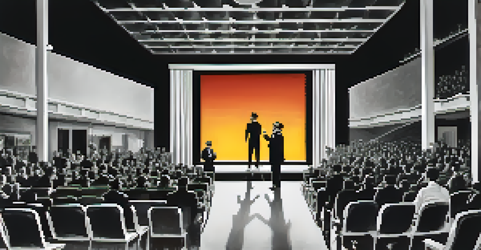 A split scene showing the evolution of cinema: a silent film star in black and white and a talkie film scene in color, symbolizing the transition.