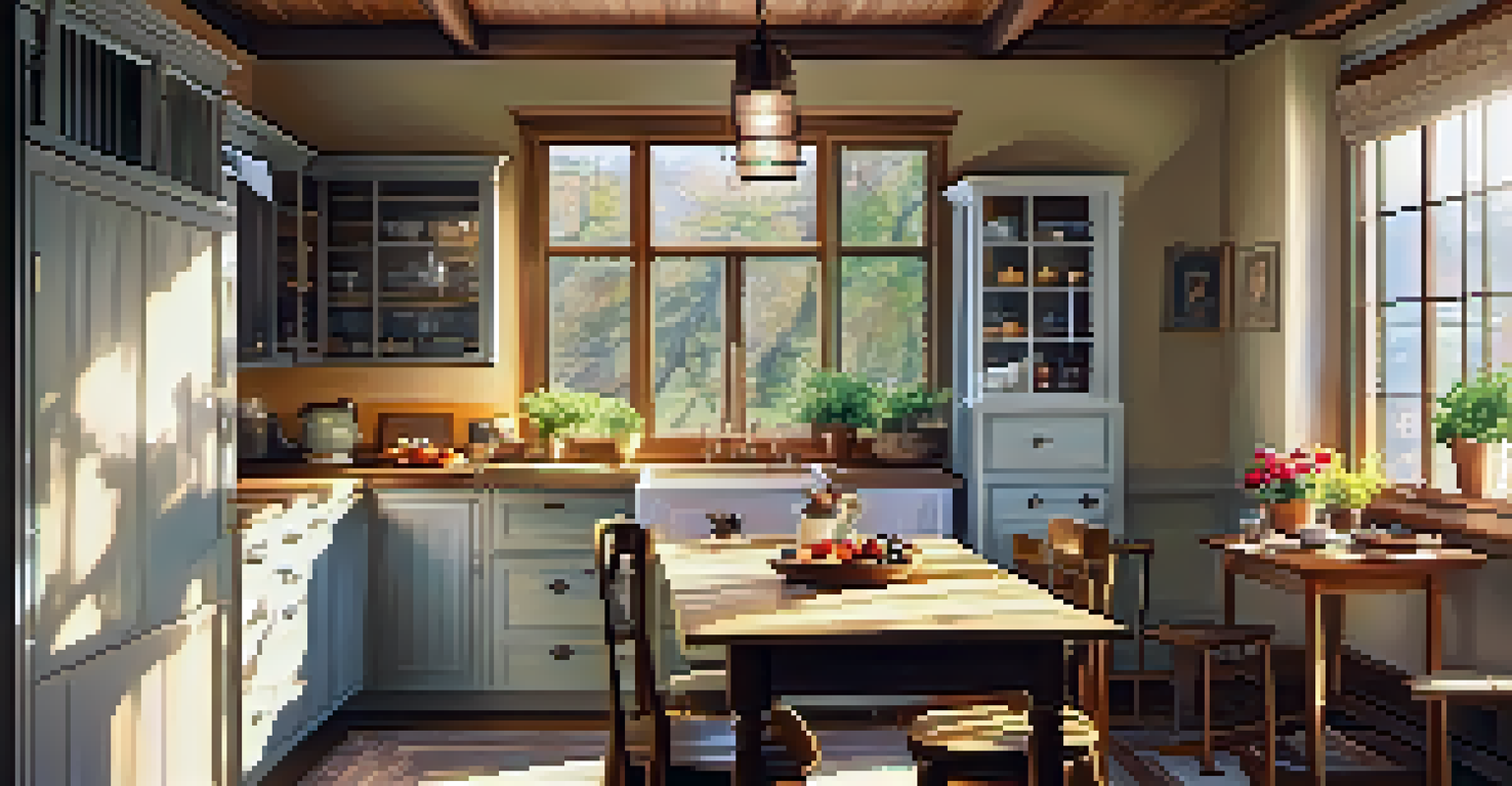 A rustic kitchen table set for breakfast with fruits and flowers.