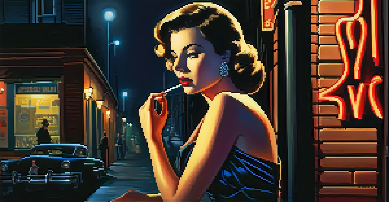 A glamorous femme fatale in a 1950s dress in a dimly lit alley, creating a moody film noir atmosphere.