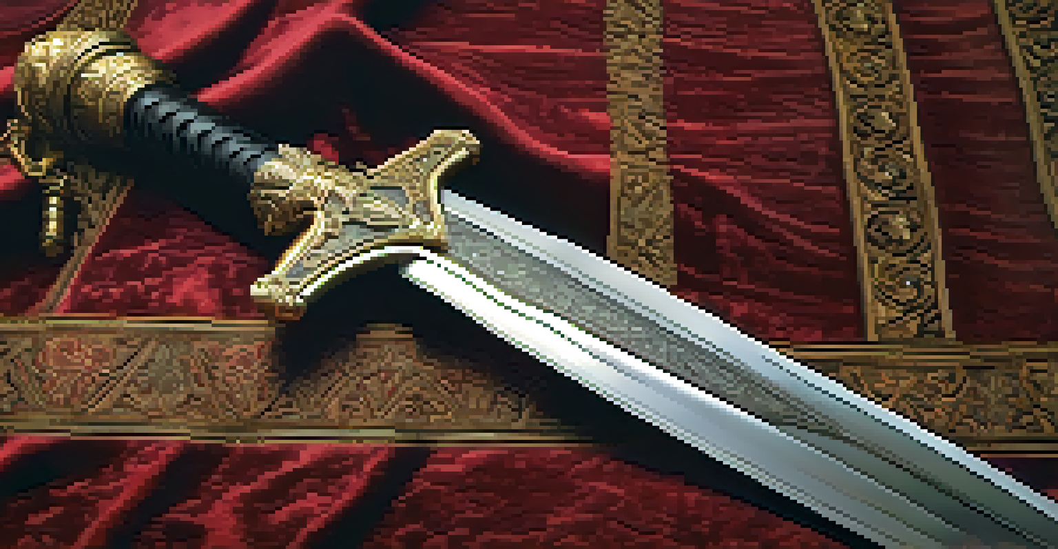 An elegant family heirloom sword against a velvet backdrop, glistening under soft light, showcasing its ornate hilt and engraved blade.