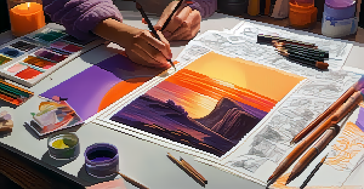A close-up of a hand drawing a storyboard scene of a character on a cliff during sunset, with art supplies around.