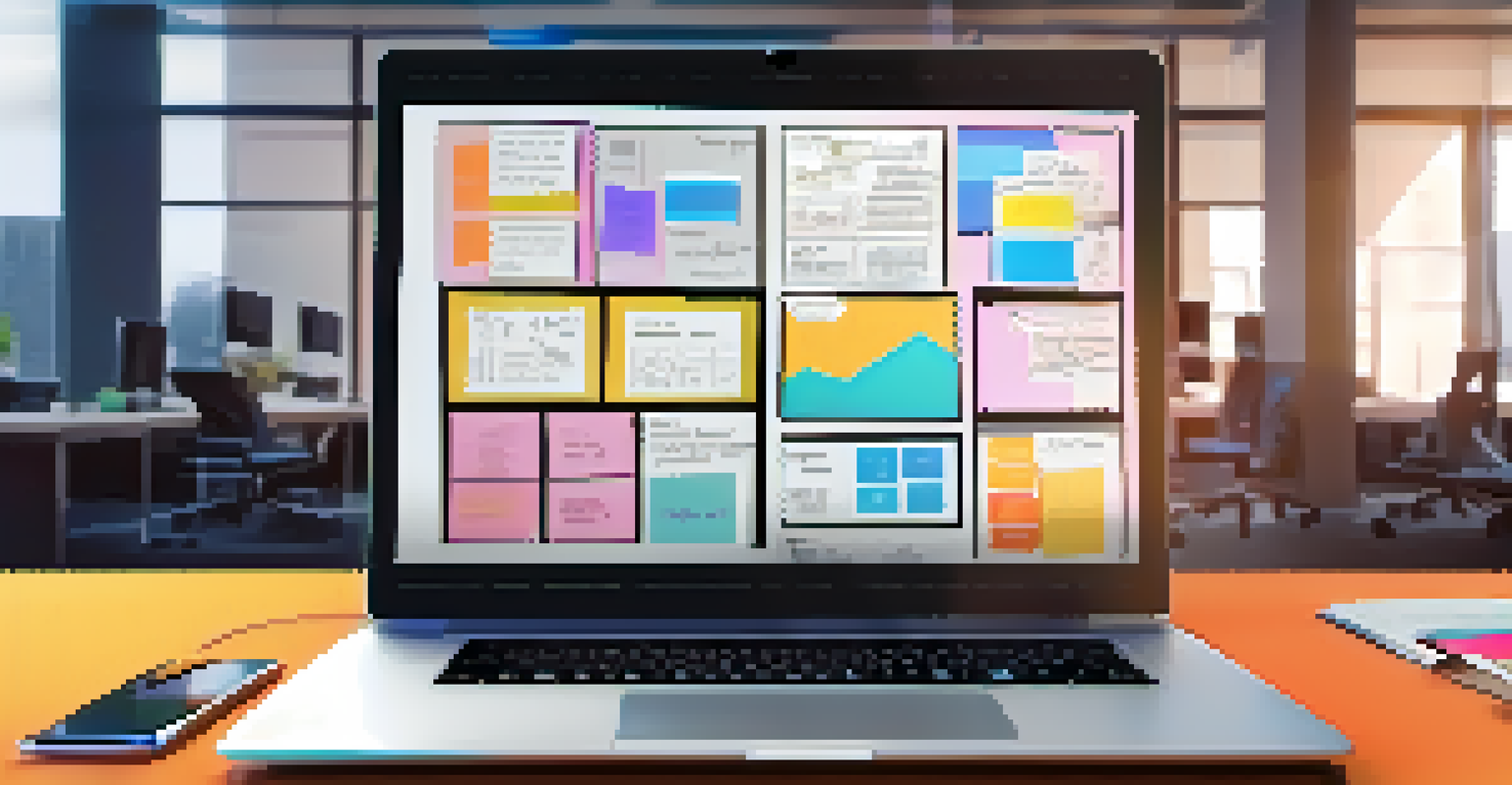 A laptop screen showcasing a digital storyboard with colorful frames and annotations in a modern office environment.