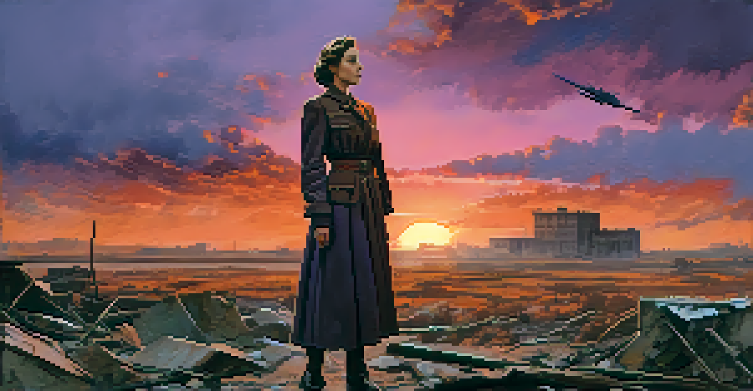 A female character standing strong against a war-torn landscape at sunset, dressed in period attire.