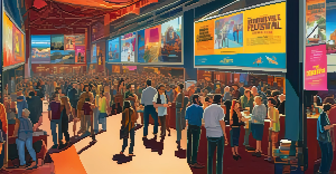 A lively film festival with a diverse crowd discussing films, surrounded by colorful banners and posters.