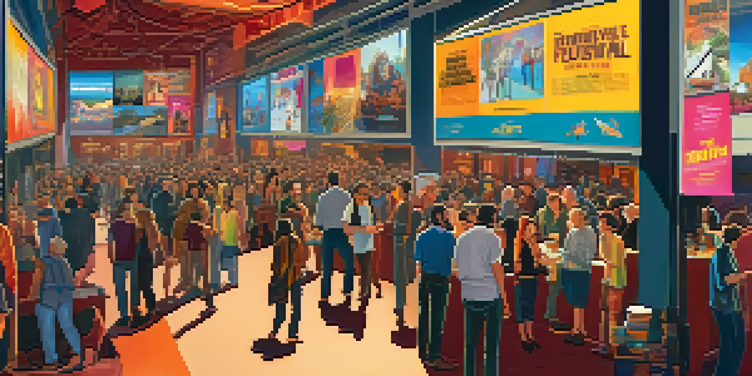 A lively film festival with a diverse crowd discussing films, surrounded by colorful banners and posters.