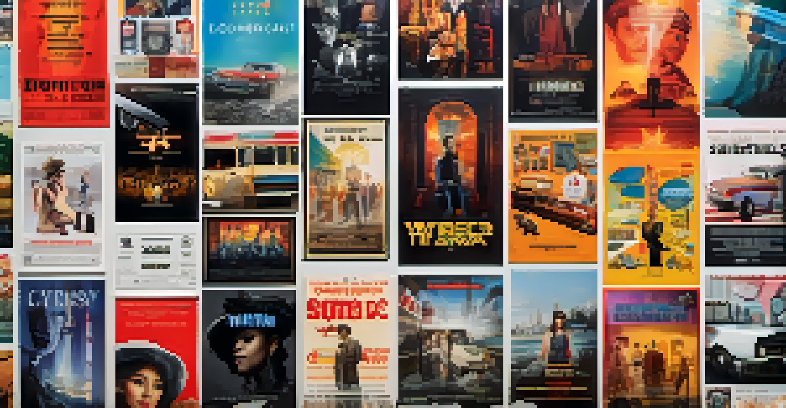 A vibrant collage of posters from acclaimed independent films, showcasing diverse genres and characters on a textured wall.