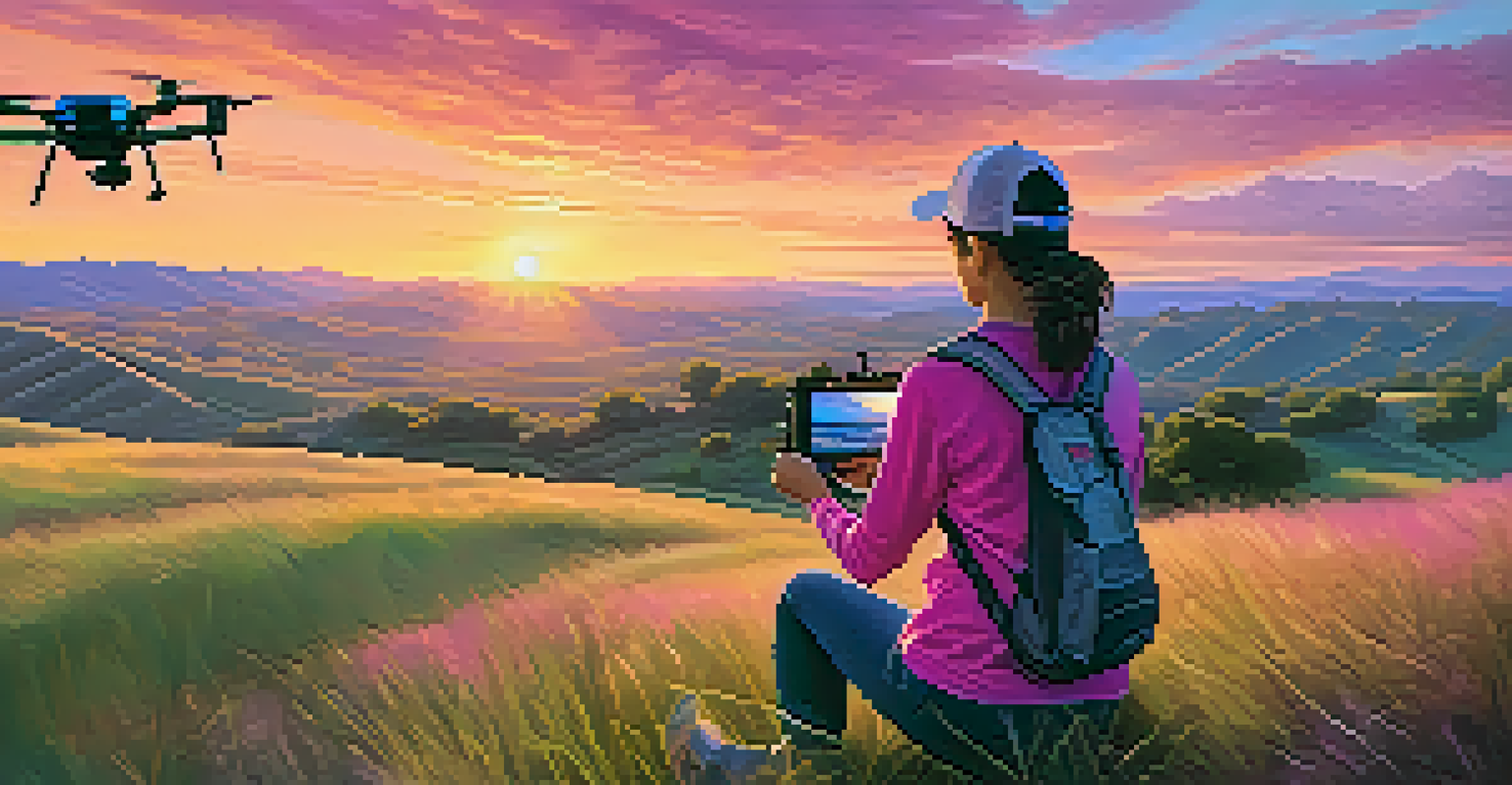A female cinematographer using a drone to capture a stunning sunset over rolling hills.