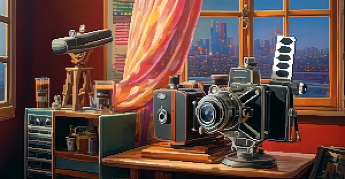 A film set featuring a vintage movie camera, colorful costumes, and a clapperboard with soft lighting and a city skyline backdrop.