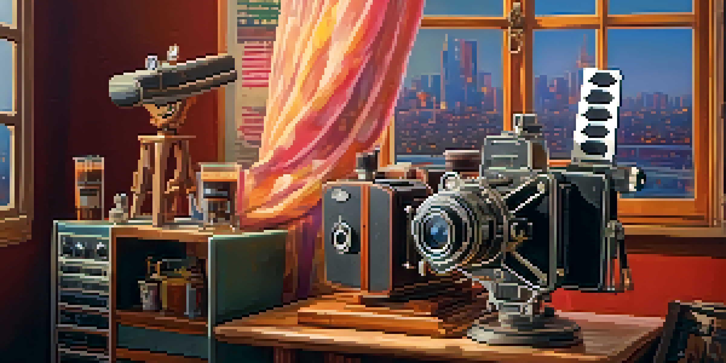A film set featuring a vintage movie camera, colorful costumes, and a clapperboard with soft lighting and a city skyline backdrop.