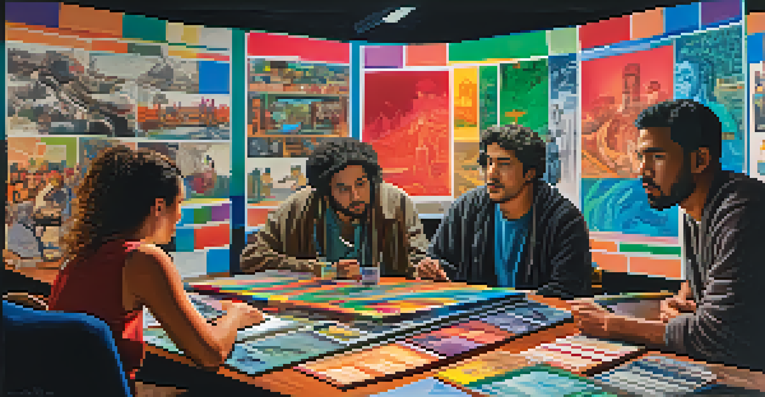 A diverse group of filmmakers collaborating on a project in a colorful room filled with storyboards and film equipment.