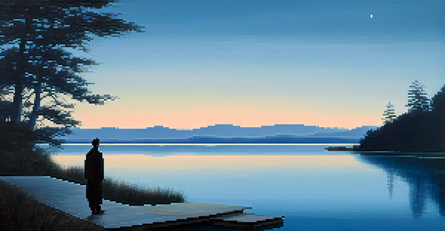 A tranquil lake at twilight with shades of blue, featuring a solitary figure gazing at the horizon, evoking feelings of melancholy.