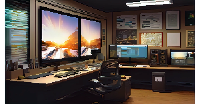 A film editor's workspace featuring a computer screen with a movie timeline, warm lighting, and film posters on the wall.