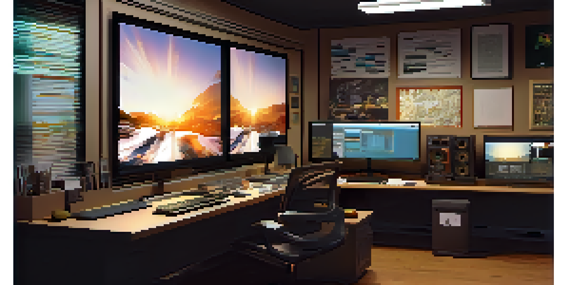 A film editor's workspace featuring a computer screen with a movie timeline, warm lighting, and film posters on the wall.
