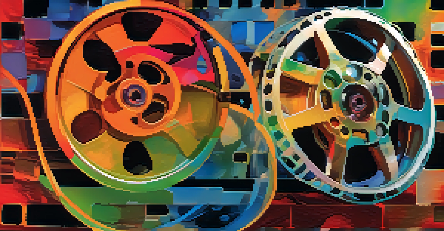 An abstract collage of film reels and editing tools with vibrant colors representing film editing techniques.