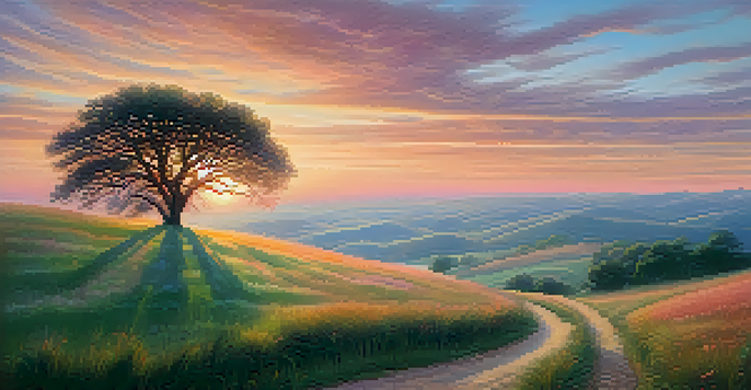 A peaceful sunrise landscape with rolling hills, a lone tree, and a winding path, bathed in soft pastel colors.