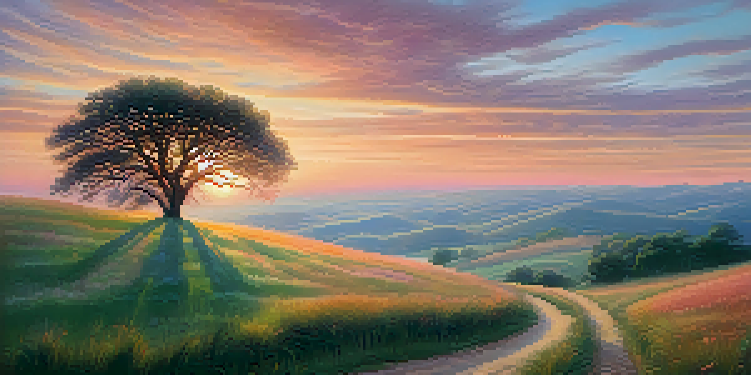 A peaceful sunrise landscape with rolling hills, a lone tree, and a winding path, bathed in soft pastel colors.