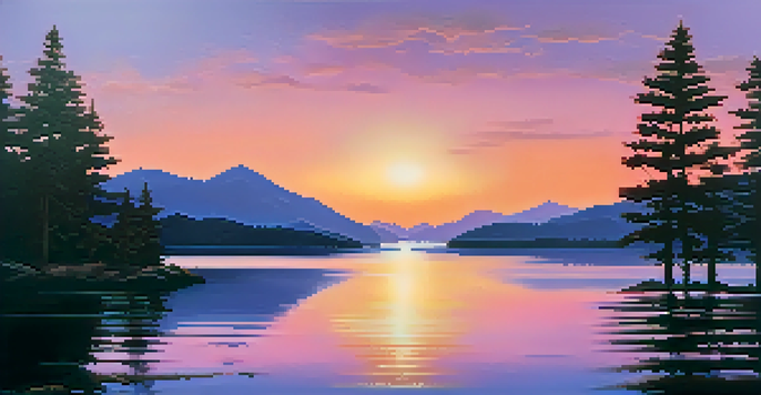 A peaceful sunset over a lake with mountains in the background and silhouetted trees in the foreground.