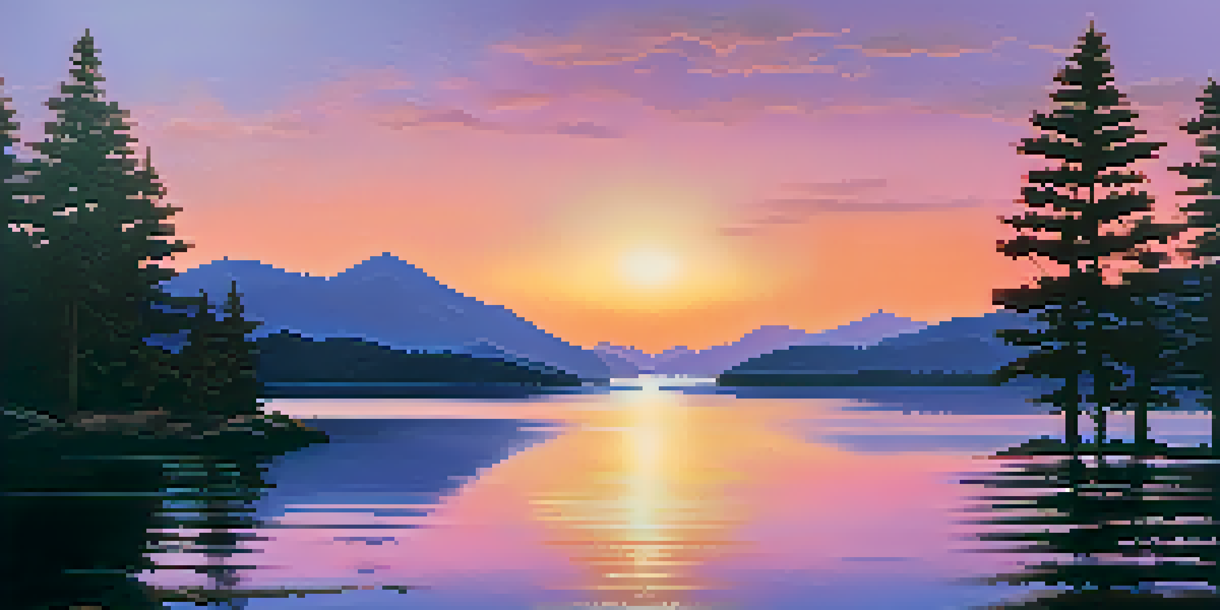 A peaceful sunset over a lake with mountains in the background and silhouetted trees in the foreground.