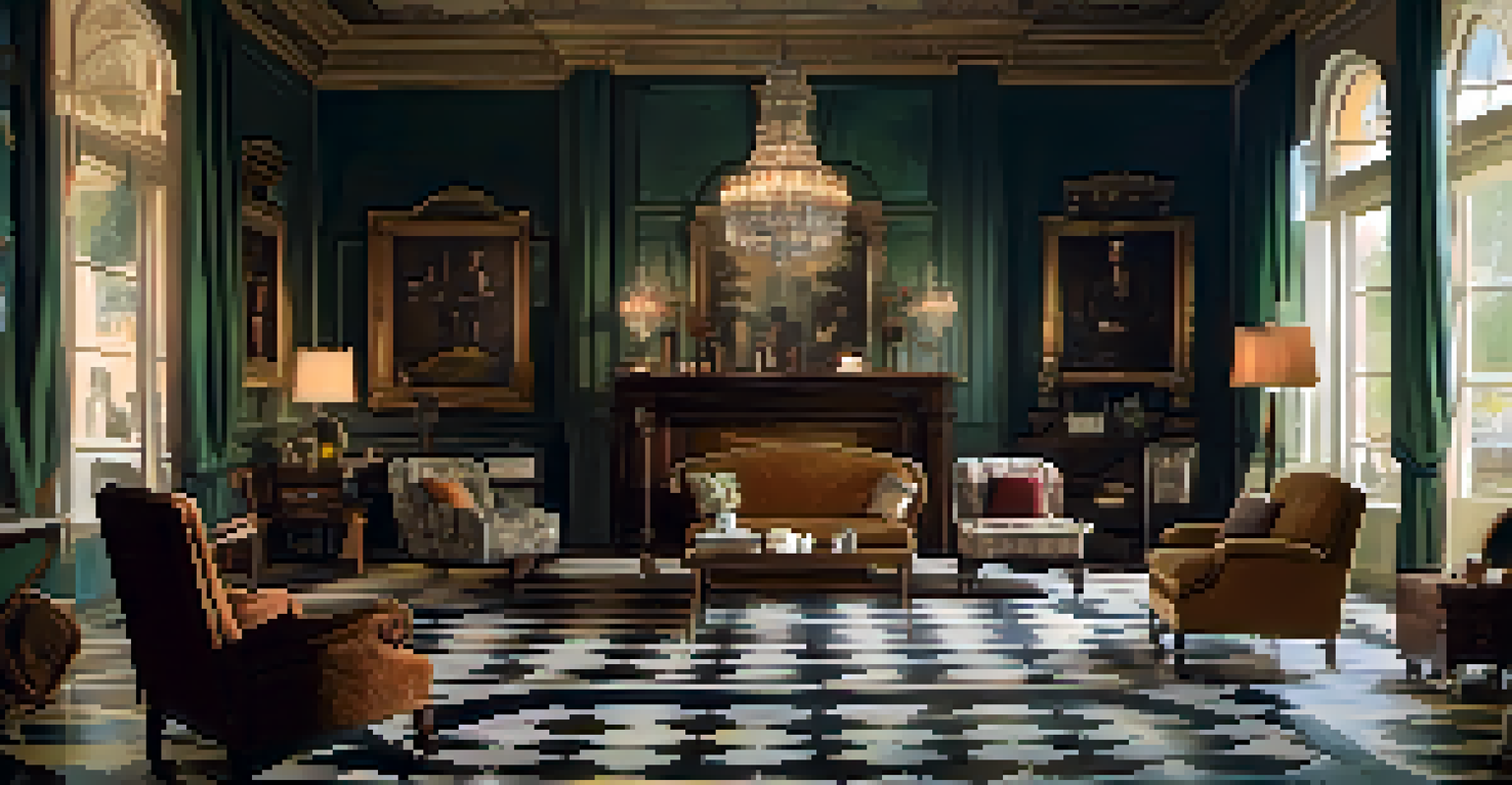 A vintage film set with actors in period costumes engaged in a discussion, featuring elegant furniture and dramatic lighting.