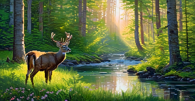 A tranquil forest at dawn with sunlight shining through trees, a stream, and a deer grazing.