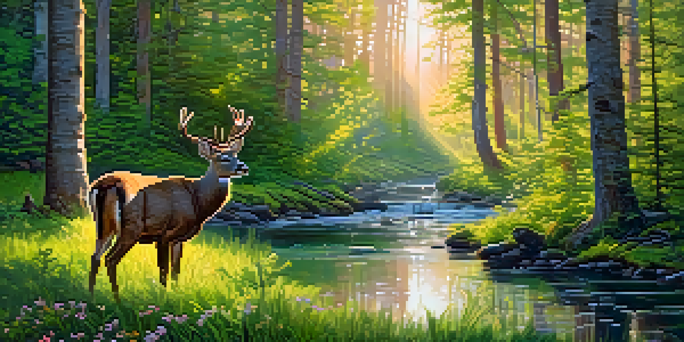 A tranquil forest at dawn with sunlight shining through trees, a stream, and a deer grazing.