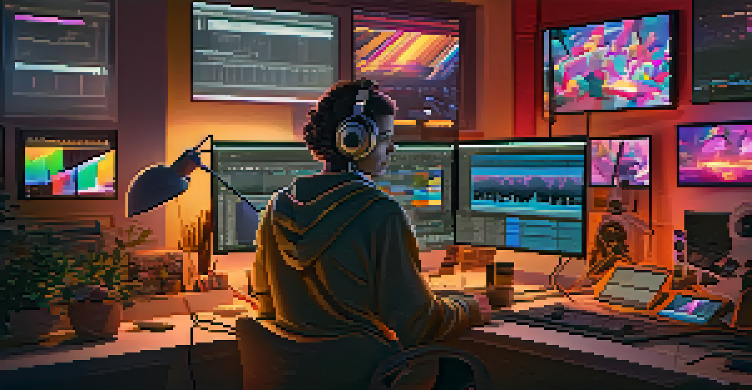 A modern film editing workspace with an editor using computer screens, surrounded by digital editing tools and warm lighting.
