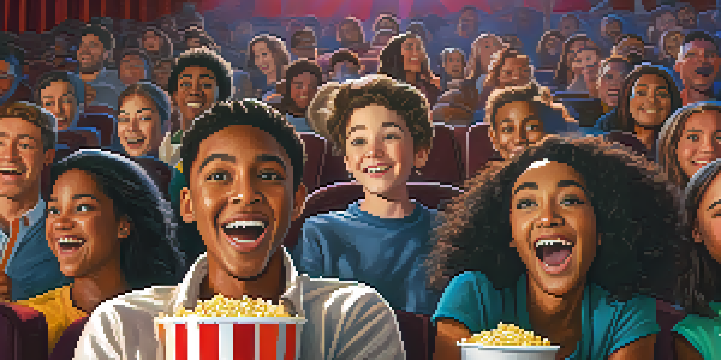 A group of diverse young people in a movie theater, engaged in lively conversation about a film, with colorful posters on the walls.