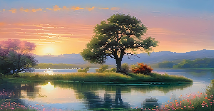 A tranquil sunrise over a lake, with colorful reflections and blooming wildflowers in the foreground.