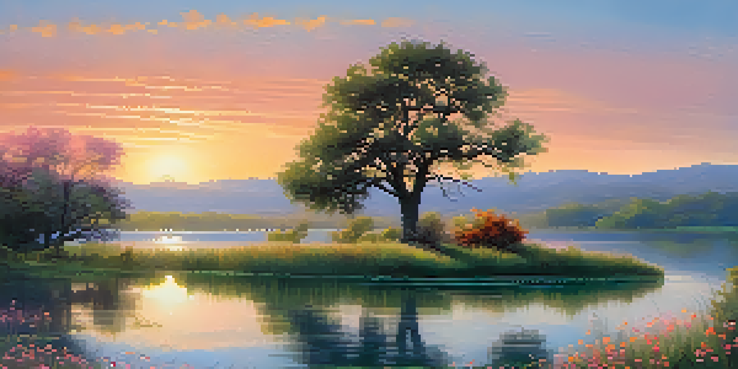 A tranquil sunrise over a lake, with colorful reflections and blooming wildflowers in the foreground.
