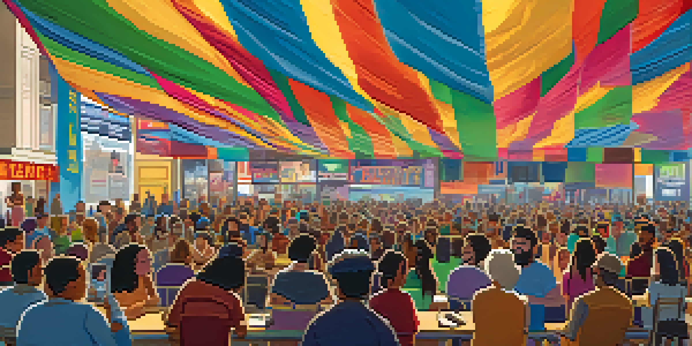 A lively film festival scene featuring diverse filmmakers and audience members discussing social justice films, with colorful banners and warm lighting.