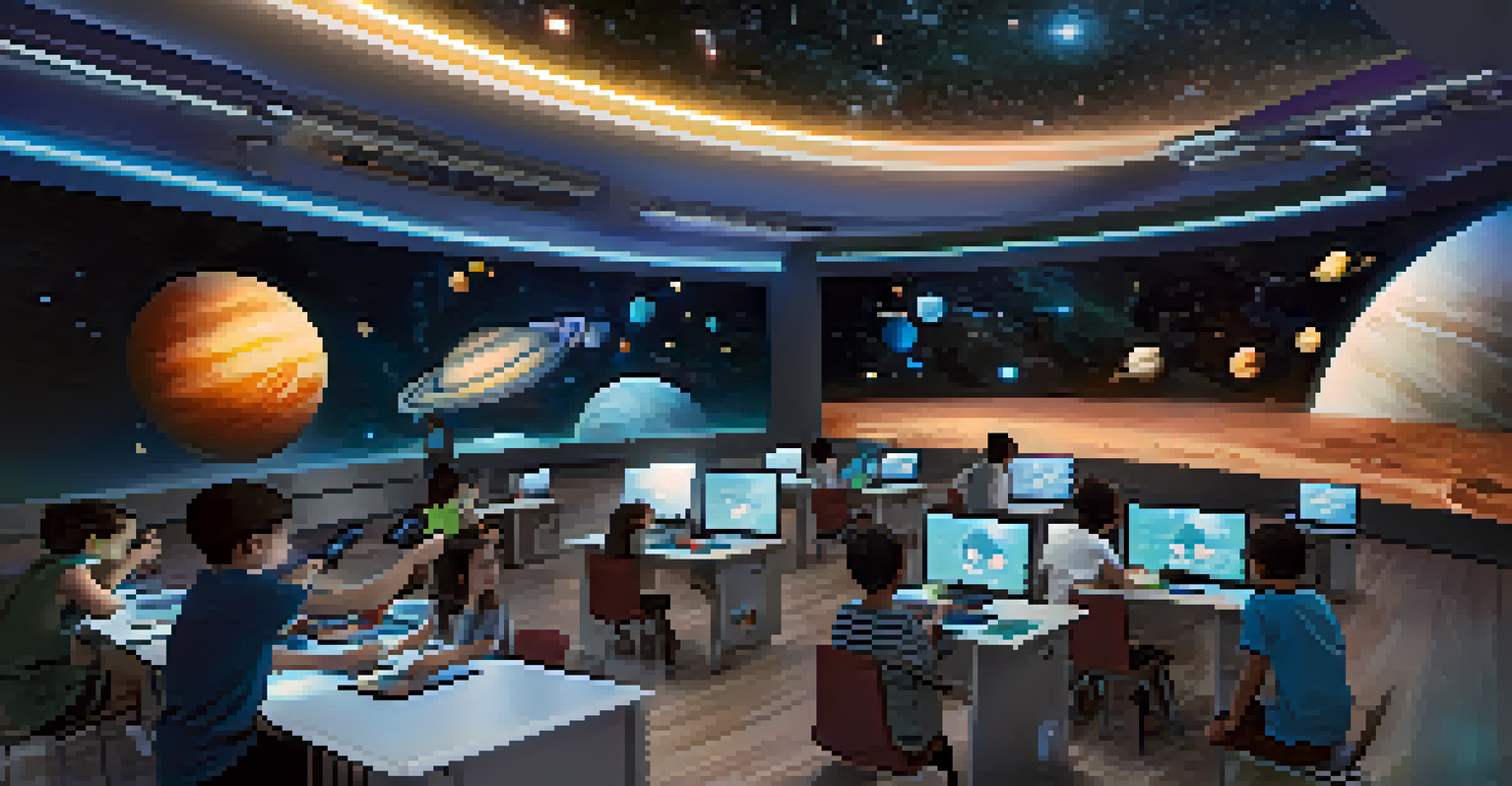 A modern classroom where students are exploring the solar system using virtual reality headsets, with animated celestial bodies displayed around them.