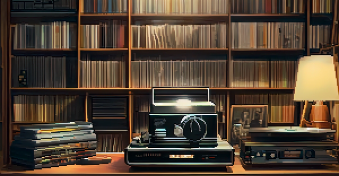 A cozy film set with a vintage projector and vinyl records on a table, surrounded by film posters and musical instruments.