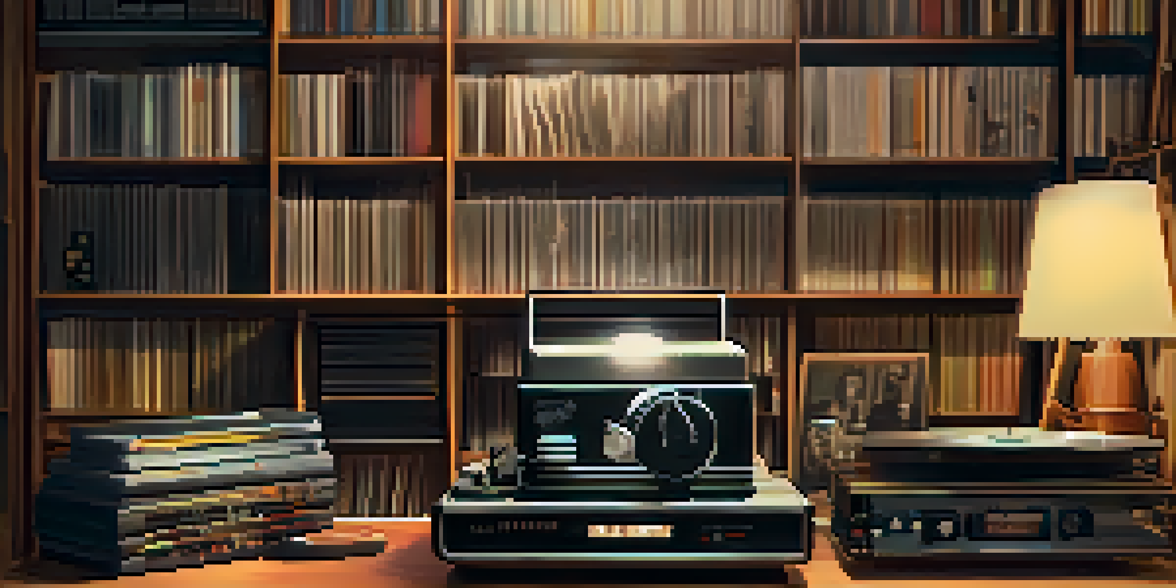 A cozy film set with a vintage projector and vinyl records on a table, surrounded by film posters and musical instruments.