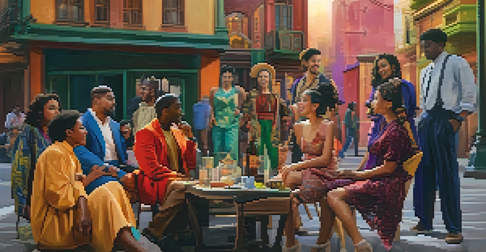 A diverse group of actors on a film set, engaged in conversation, with a colorful cityscape backdrop and warm lighting.
