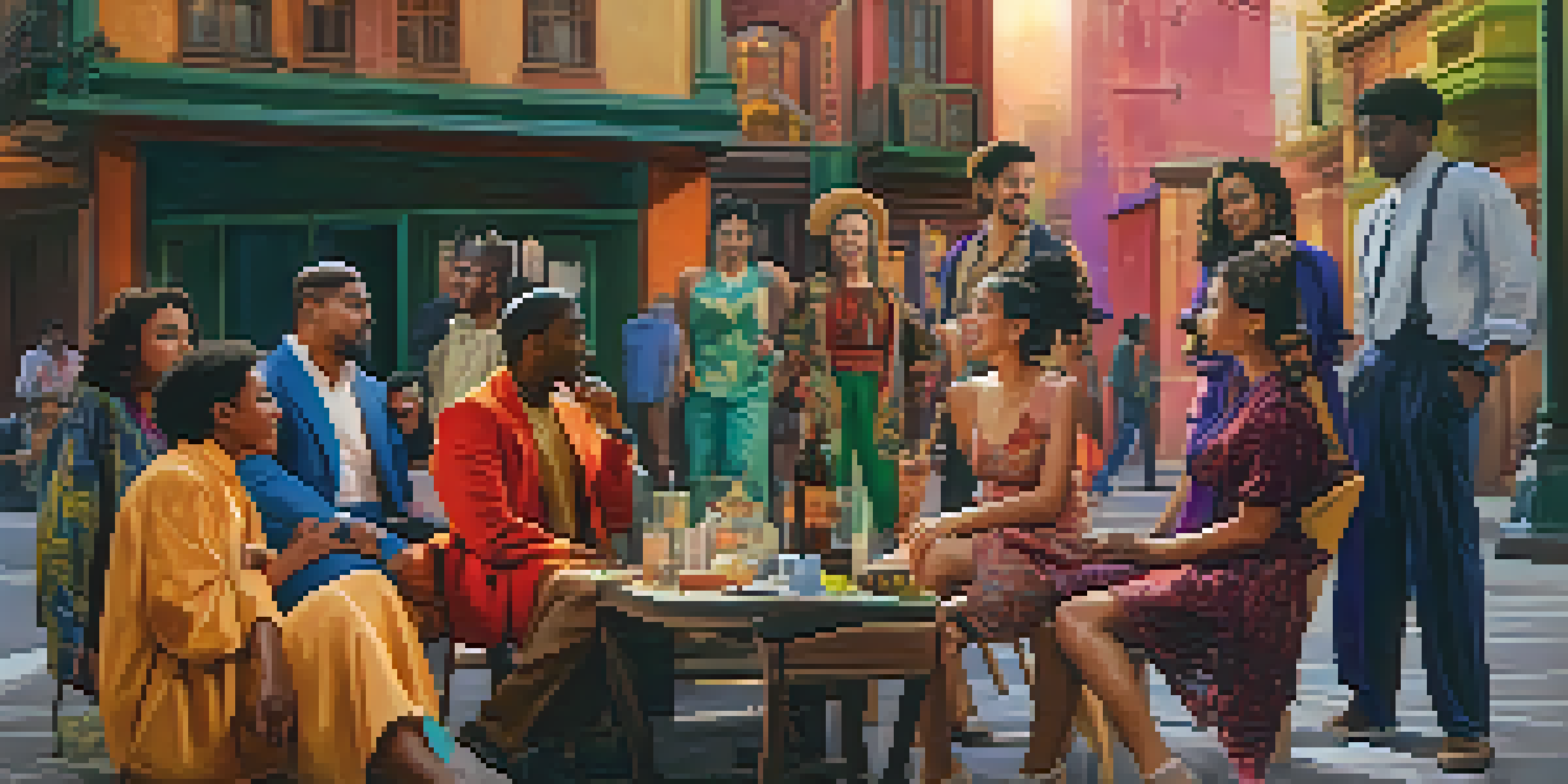 A diverse group of actors on a film set, engaged in conversation, with a colorful cityscape backdrop and warm lighting.