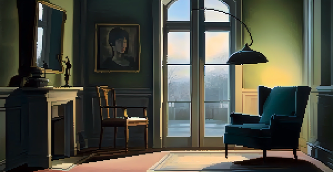 A dimly lit room with a flickering light bulb and a vintage armchair facing a dusty mirror, creating an eerie atmosphere.
