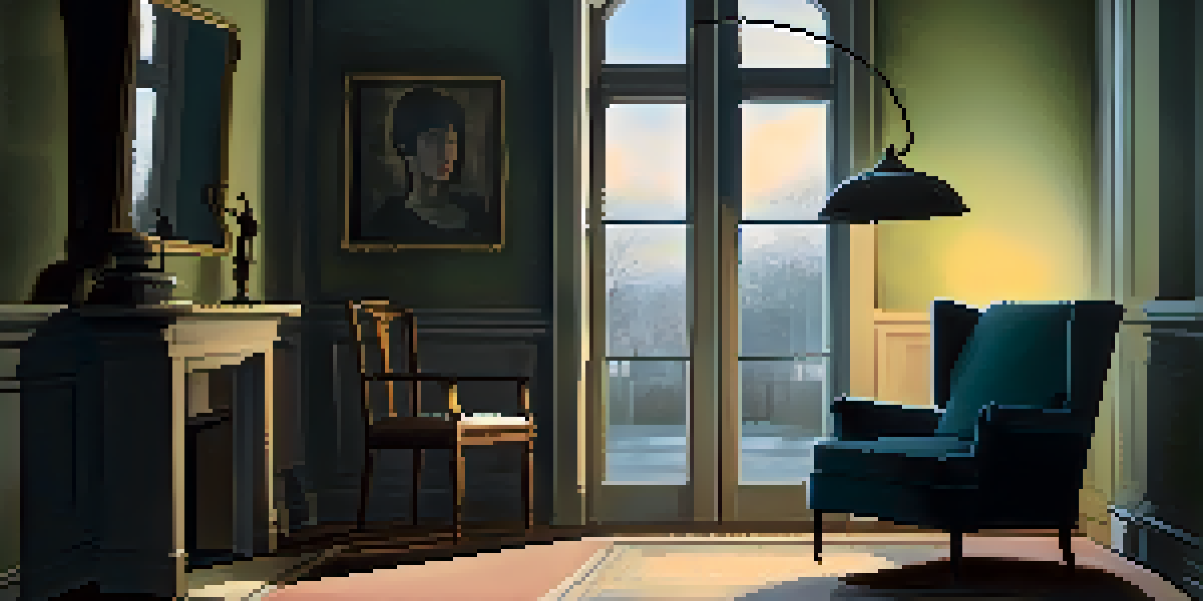 A dimly lit room with a flickering light bulb and a vintage armchair facing a dusty mirror, creating an eerie atmosphere.