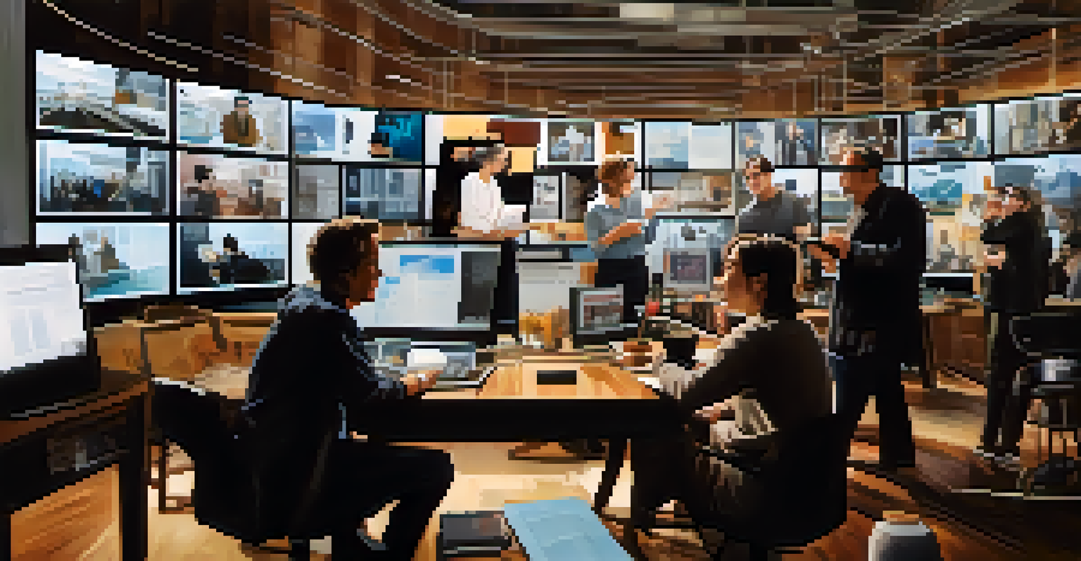 An editor and a director collaborating on a film project, with large screens displaying scenes, notes, and coffee cups around them.