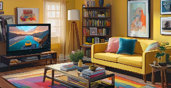 A cozy living room with a modern sofa and a coffee table full of film critique magazines, featuring a TV showing a streaming platform.